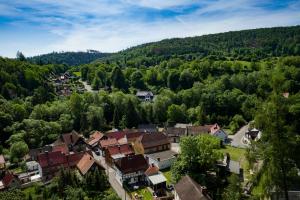 an aerial view of a small town in a forest at Café und Pension Theodor Fontane in Altenbrak