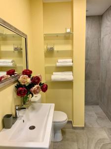 a bathroom with a sink and a toilet and a mirror at Водограй, курортна вілла in Morshin
