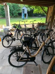 Bocholt的住宿－B&B Dageraad，停在门廊上的一群自行车