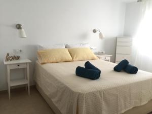 sypialnia z łóżkiem z 2 niebieskimi poduszkami w obiekcie Casa Luz w mieście Tarifa