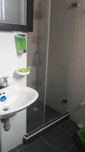 uma casa de banho com um lavatório e uma cabina de duche em vidro. em Habitaciones Altos de Cooservicios em Tunja