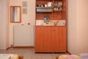 a kitchen with a wooden cabinet next to a radiator at Hotel Karagiannis in Limenaria +59 photos