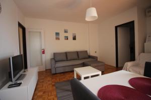 - un salon avec un canapé et une télévision dans l'établissement Apartments Nikola, à Novi Vinodolski