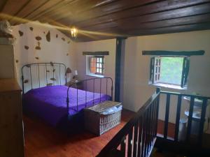 GondramazにあるCasa em Xisto na Serra da Lousã, Gondramazのベッドルーム1室(紫色のベッド1台付)