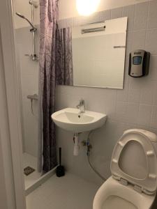 uma casa de banho com um WC e um lavatório em Motel oasen em Roskilde