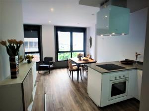 a kitchen and living room with a table and chairs at 4 Apartamentos de Autor in Lugo