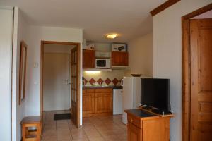 a kitchen with a refrigerator and a tv in a room at Appt 4 /5 pers - 3 min. centre ville in Chamonix