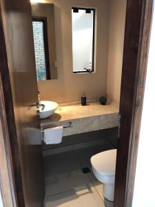a bathroom with a sink and a toilet and a mirror at Madre Natura in Asuncion