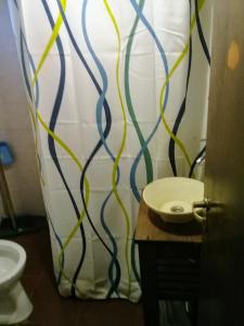 łazienka z toaletą i zasłoną prysznicową w obiekcie Cabañas Kay Hue w mieście Bariloche