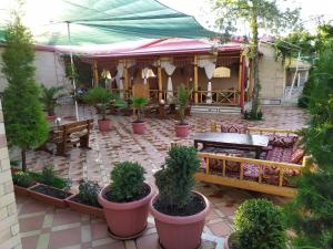 a patio with potted plants and a table and benches at Xum Don in Samarkand