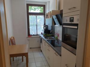 eine kleine Küche mit Spüle und Fenster in der Unterkunft Avenue Apartment - Hilbersdorfer Straße in Chemnitz