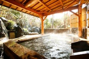 a pool of water under a wooden structure at Shimizu Ryokan in Yufuin
