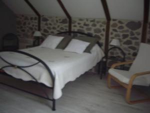 a bedroom with a bed and a chair at ferme de Lamourio in Saint-Cernin