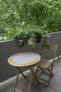 ビェルスコ・ビャワにあるArt Apartamentの鉢植えの横に座る木製椅子