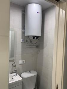 a white bathroom with a toilet and a sink at ALOJAMIENTO CERRO DEL CABEZO in Andújar