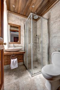 a bathroom with a shower and a toilet and a sink at Baldacchino Holiday Villas in Mellieħa