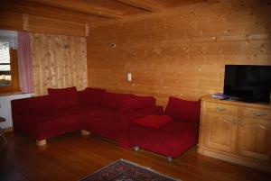 sala de estar con sofá rojo y TV de pantalla plana en Bauernhof Hatzlhof en Schöder