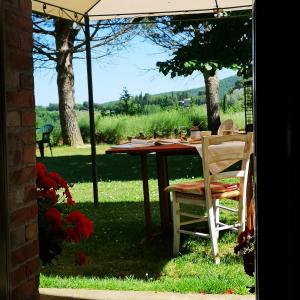 蒙特普齊亞諾的住宿－弗拉特里亞聖貝內代托旅館，一张桌子和两把椅子坐在雨伞下