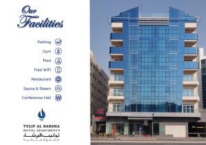 a rendering of a building with the words love facilities at Tulip Al Barsha Hotel Apartment in Dubai