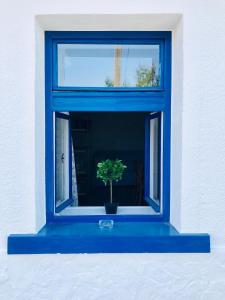 a blue window with a plant in a pot at Little Greece in Balatonfüred