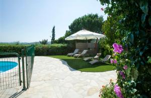a patio with an umbrella and chairs and a pool at Villa provençale avec piscine-56 in La Garonnette-Plage