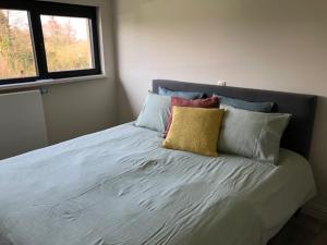 a bed with three pillows on it in a bedroom at Vakantiehuis Hana in Heers