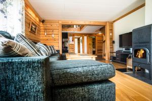 uma sala de estar com um sofá e uma lareira em Timmervillan em Funäsdalen
