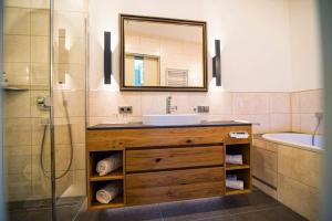 a bathroom with a sink and a mirror and a shower at Burg Colmberg Hotel in Colmberg