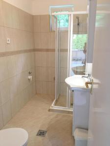 a bathroom with a shower and a sink and a toilet at Balatonfenyves - Munkácsy u. 6. in Balatonfenyves