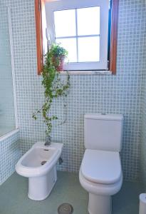 a bathroom with a toilet and a sink and a window at Coworksurf - Villa dos Irmãos in Ericeira
