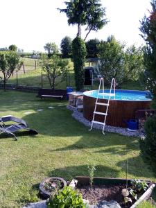 a yard with a swimming pool and a ladder at u Vlastika in Jeseník