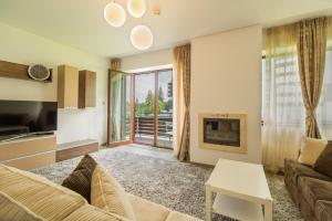 salon z kanapą i kominkiem w obiekcie Family Apartment in Silver Mountain Resort w mieście Poiana Brașov