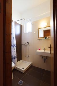 a bathroom with a shower and a toilet and a sink at Babis Hotel in Skaleta