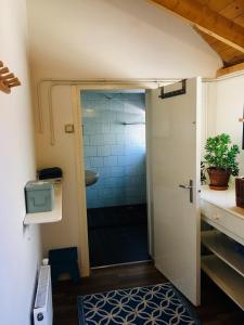 een douche met een glazen deur in de badkamer bij Onder de Appelboom in Garminge
