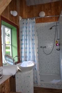 a bathroom with a shower and a sink at Das Grafengut in Nussdorf am Attersee