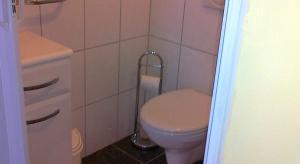 ein kleines Badezimmer mit Toilette und Waschbecken in der Unterkunft Gästehaus zum Moseltal in Ellenz-Poltersdorf