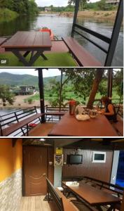 two pictures of a picnic table and a view of a river at Kaengkrachan River Hut in Kaeng Krachan