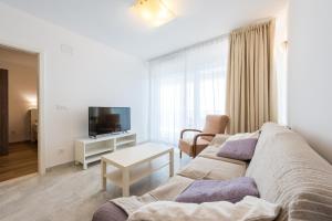 a living room with a couch and a tv at Sea Sky Apartment in Cavtat