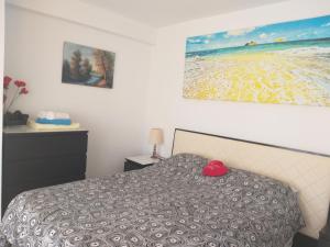 トレモリノスにあるPiso Playa Torremolinosのベッドルーム1室(ベッド1台付)が備わります。壁には絵画が飾られています。