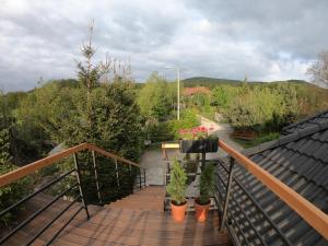 un balcón con macetas en una terraza de madera en Apartament Sady przy Ślęży, en Marcinowice