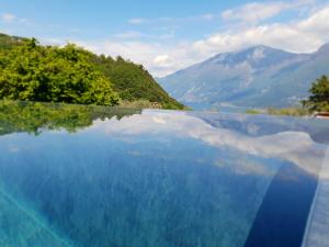 a pool of water with a view of a mountain at Stella D'Oro - Hotel & Apartments in Tremosine Sul Garda