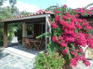 una casa con flores rosas a un lado. en Villa A Pineta, en Porticcio