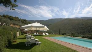 uma piscina com cadeiras e um guarda-sol ao lado de uma piscina em La Pintura em Trevi