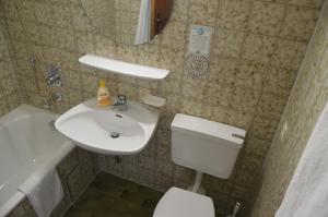 a bathroom with a sink and a toilet and a mirror at Gästehaus Fäßle in Weinstadt +8 photos