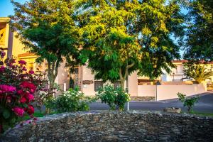 un grupo de árboles y flores frente a un edificio en Casa Rural Las Eras en Monfragüe, en Malpartida de Plasencia