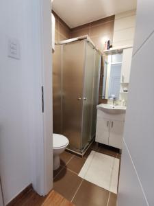 a bathroom with a shower and a toilet and a sink at Apartman MMS in Teslić