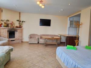 a living room with a couch and a fireplace at Apartments Elina Viktorijas Street in Jūrmala