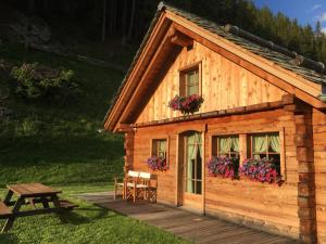 eine Blockhütte mit Blumen an den Fenstern und einem Picknicktisch in der Unterkunft Alpine Chalet in Santa Caterina Valfurva