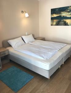 ブワディスワボボにあるPokoje i apartamenty "Iza"のベッド(白いシーツ、青い敷物付)
