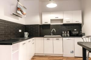 Biała kuchnia z białymi szafkami i zlewem w obiekcie Apartament na Wyspie Piasek w Kłodzku